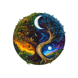 Relaxace pro dospělé Originální dárek Dřevěné puzzle Strom živlů zobrazuje magické spojení slunného dne a noční oblohy v kruhu