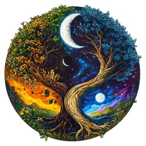 Krabička a rozložené kousky pro Dřevěné puzzle Strom živlů představují originální dárek
