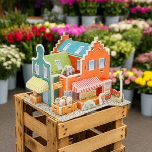 Originální dárek pro radost 3D puzzle Květinářství Detail modelu květinářství s tulipány a modrou kočkou na střeše