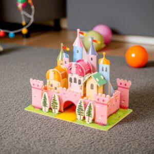 Model růžového zámku Pohádková skládačka pro děti Pěnové 3D puzzle Hrad s růžovými hradbami a barevnými věžičkami
