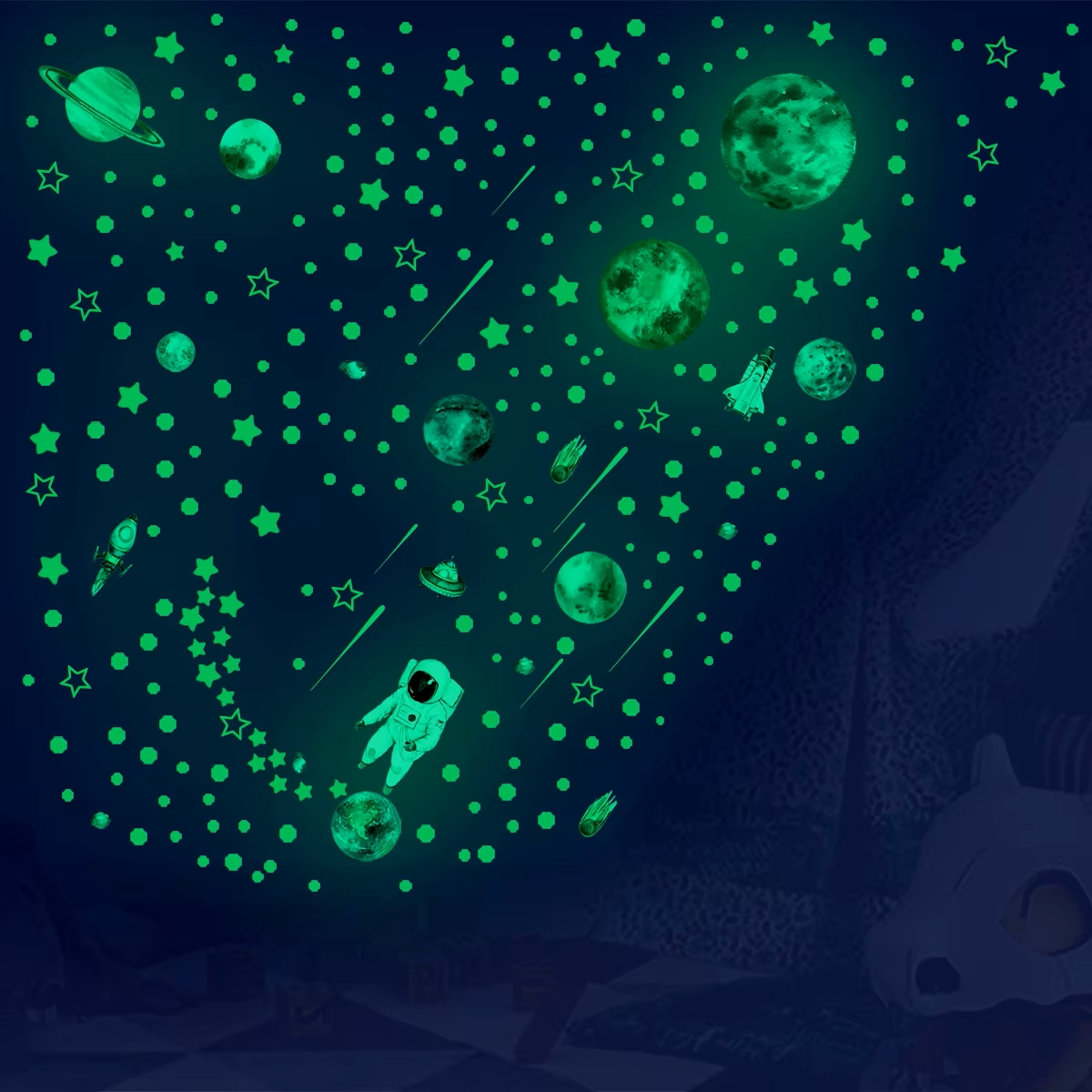 Samolepky na zeď pro děti Archy obsahující svítící dekorace do pokoje s motivy planet, astronauta a hvězd