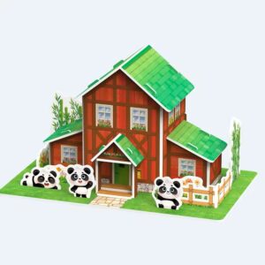 Skládací model pro školáky s detaily tří pand a bambusového plotu