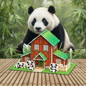 Hravý dárek pro školáky Zábavný model s pandami Pěnové 3D puzzle Panda domeček se zelenou střechou a hnědým trámováním