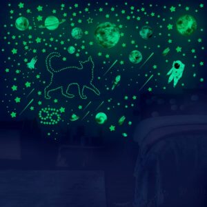 Dekorace do dětského pokoje s motivem sluneční soustavy a raketou na tmavé zdi