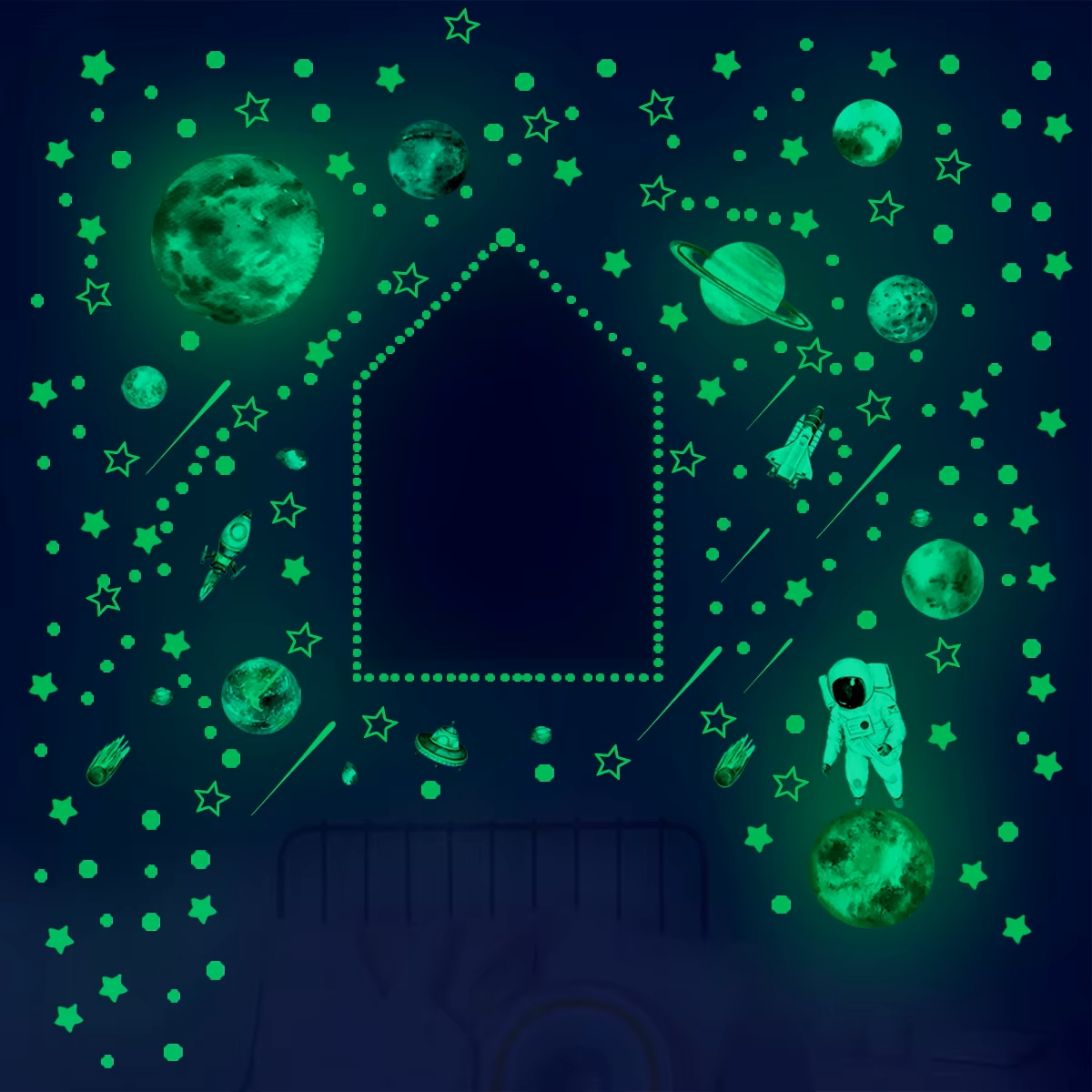 Archy obsahující svítící dekorace do pokoje s motivy planet, astronauta a hvězd