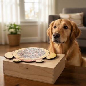 Složené Vrstvené puzzle Pes leží na stole. Tato složitější skládačka tvoří krásný obraz