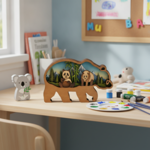 Vrstvené dřevěné puzzle Panda s vyřezávaným motivem bambusového lesa